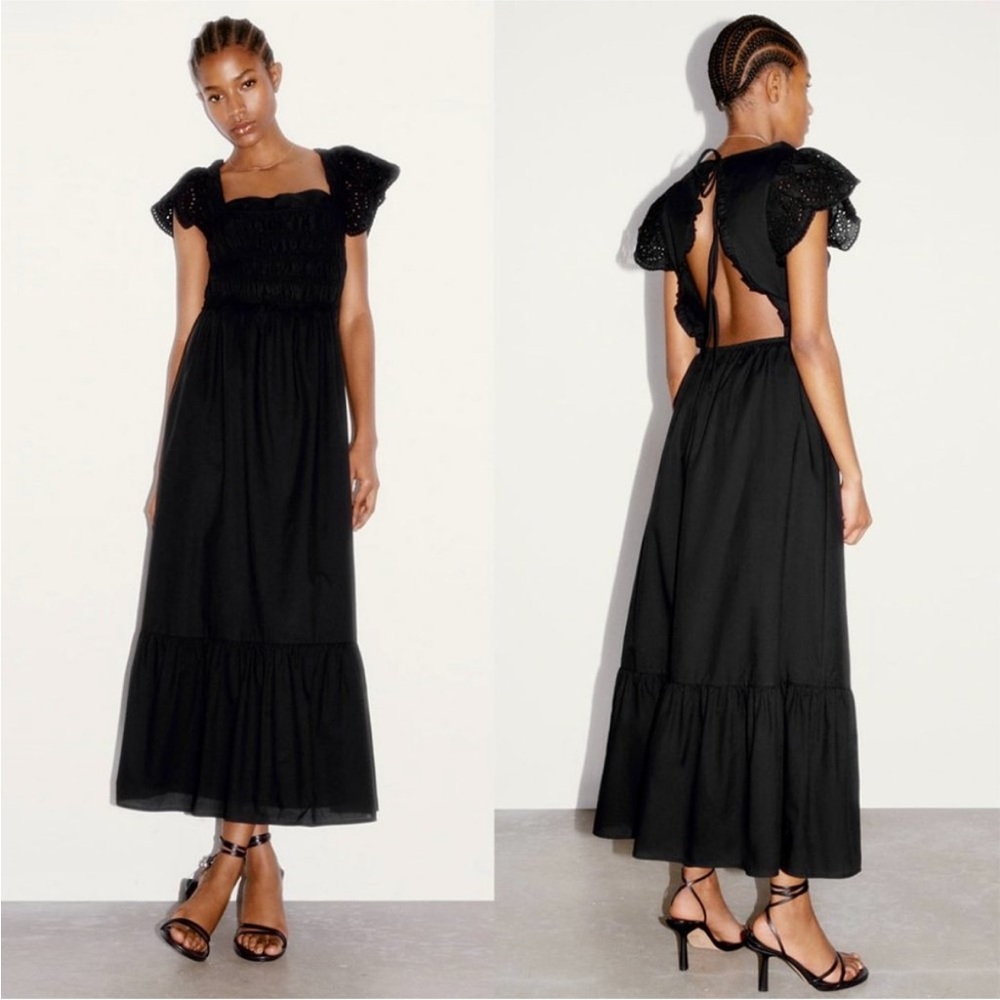 Zara limited edition embroidered frill style back open midi dress